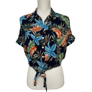 Tourist Trap Hawaiian Floral Button Down Tie Shirt Multicolor 100% Rayon Med NWT